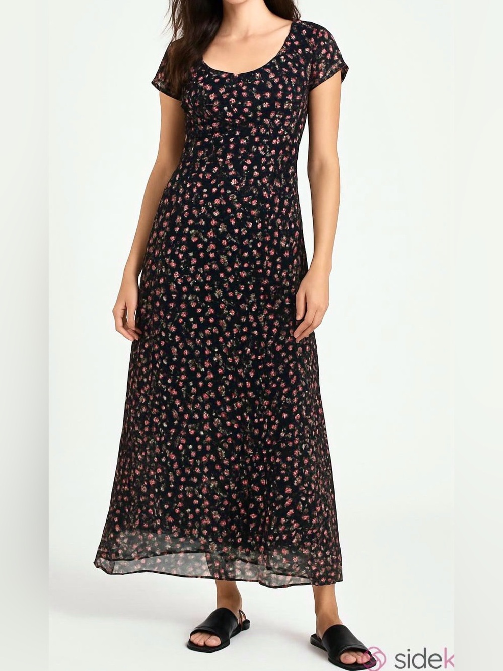 Nostalgia Vintage Black Pink Ditsy Floral S Whimsigoth Fairy Grunge Maxi Dress